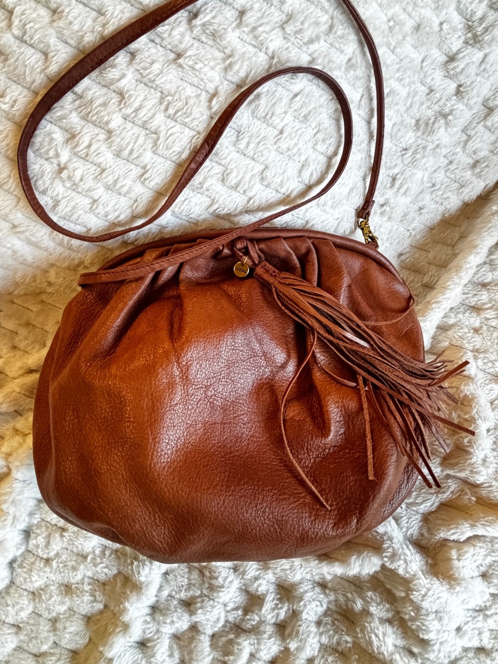 HOBO International Cognac Leather Slouch Crossbody Clutch Tassel